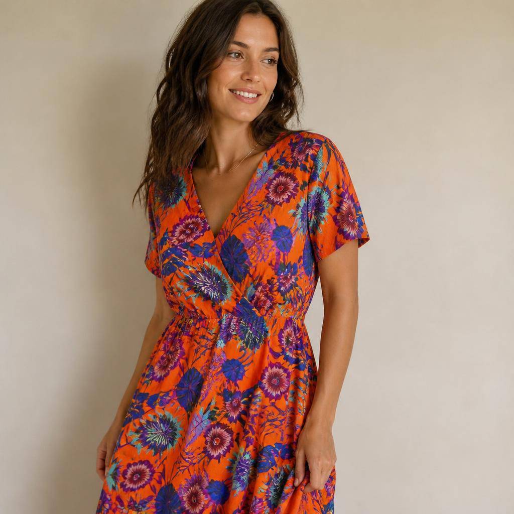 Crêpe de viscose lourd motif fleuri orange 2