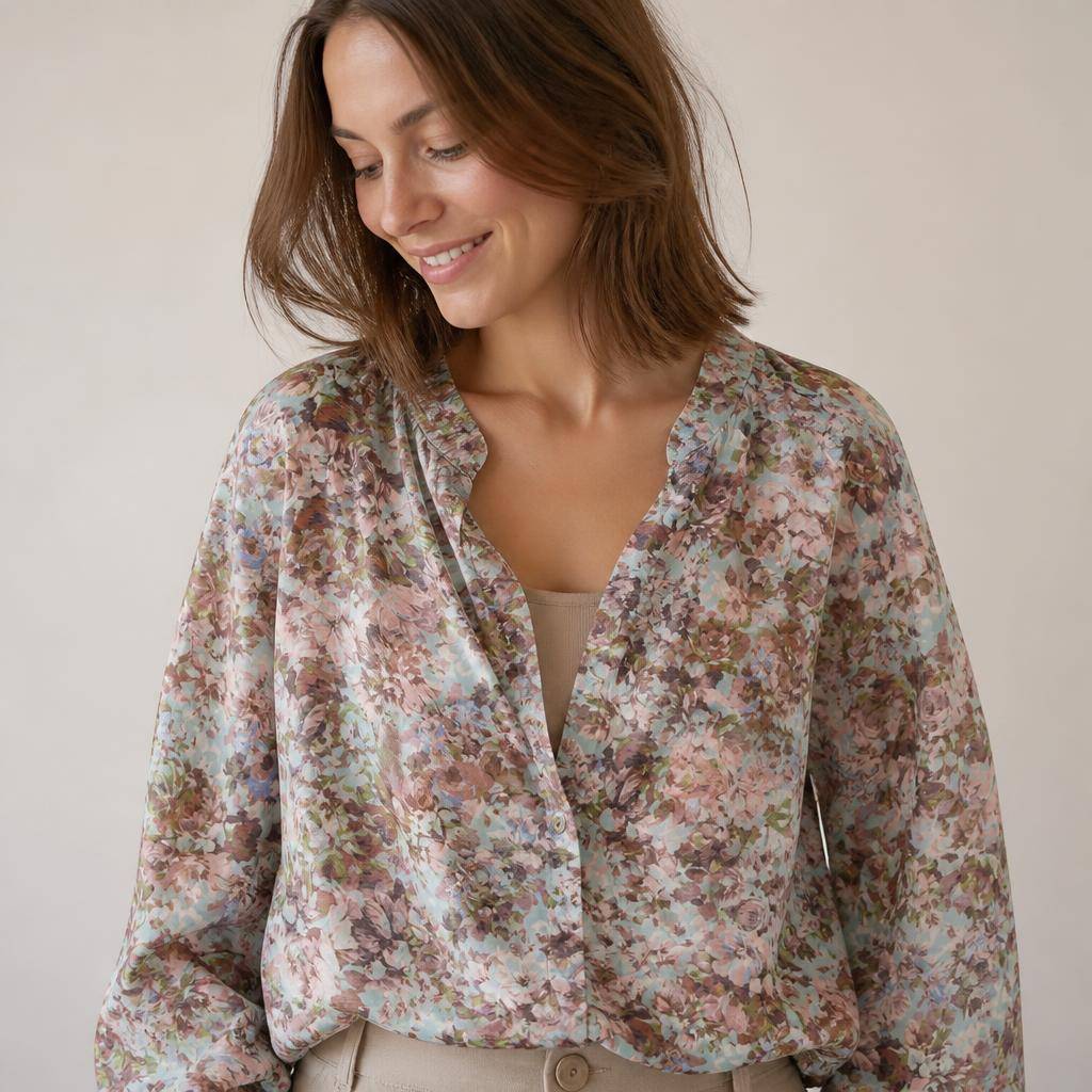 Voile polyester plissé, motif fleuri romantique 2