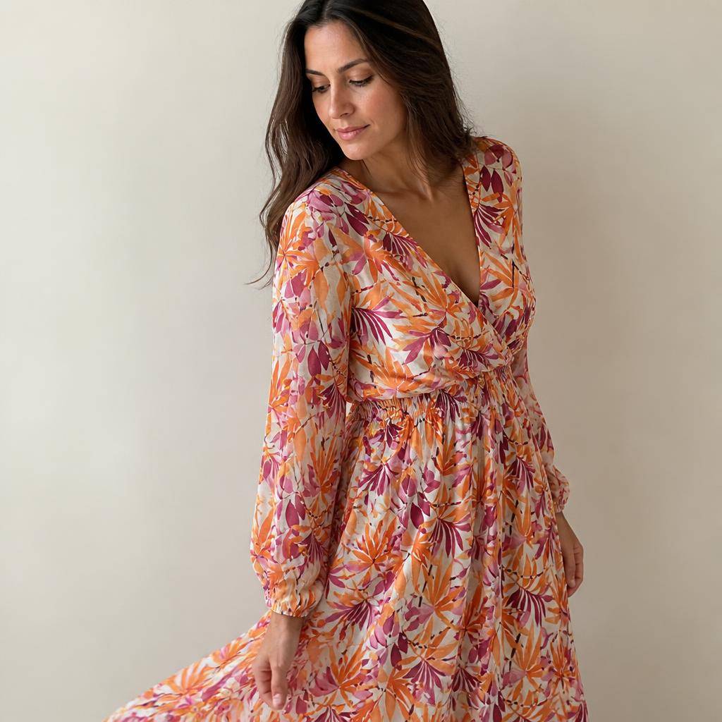 Satin plissé motif tropical feuillage éclatant 2