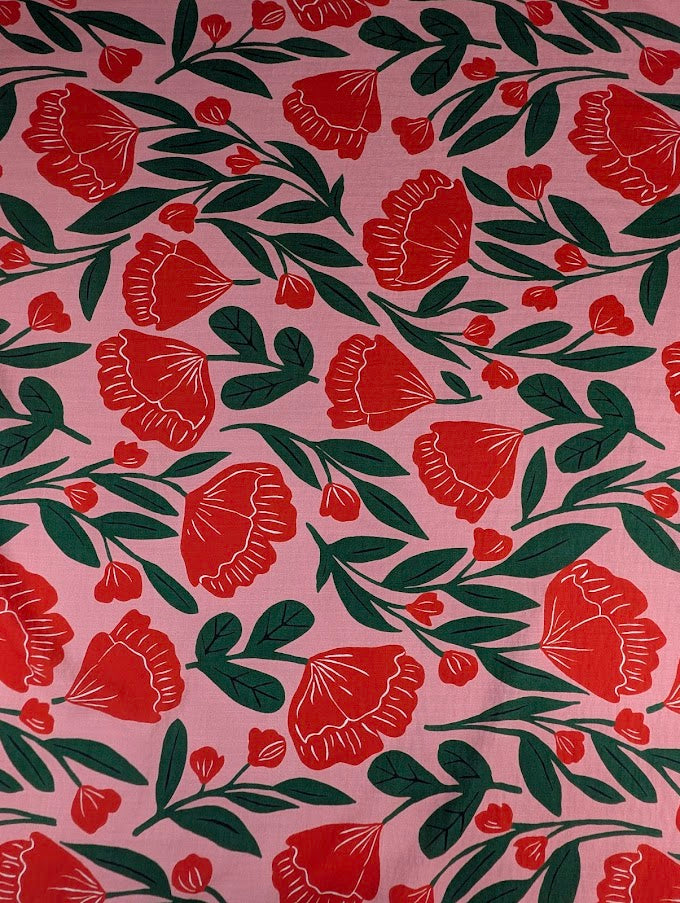 Thick linen-effect viscose with red floral and green foliage print 4
