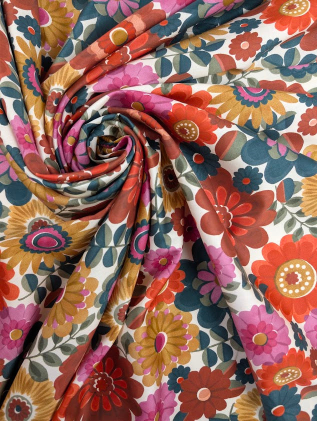 Sergé de coton motif fleuri rétro multicolore 1