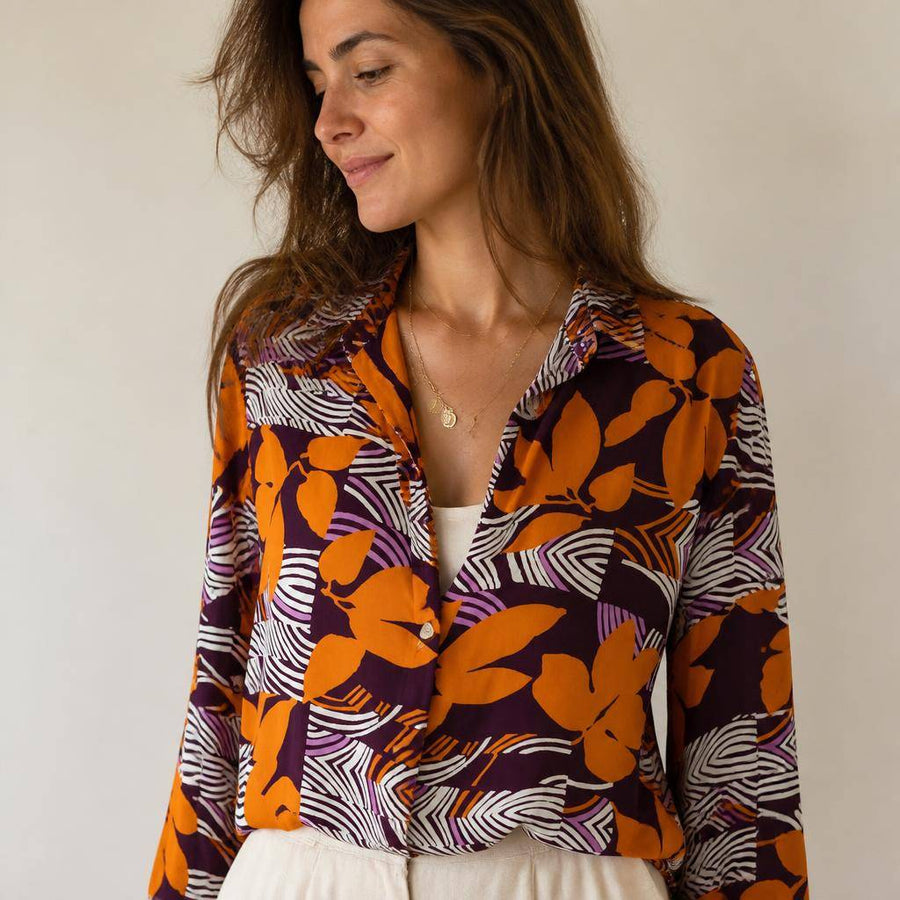 Viscose effet froissé motif tropical orange 2