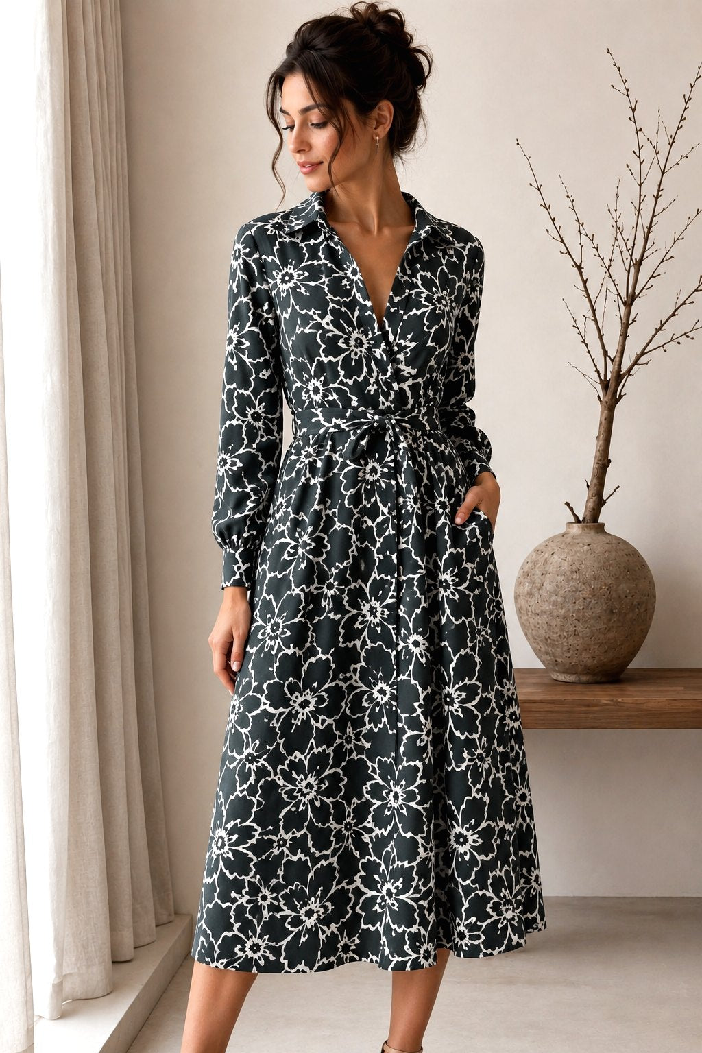 Toile viscose florale - Imprimé vert foncé et écru 2