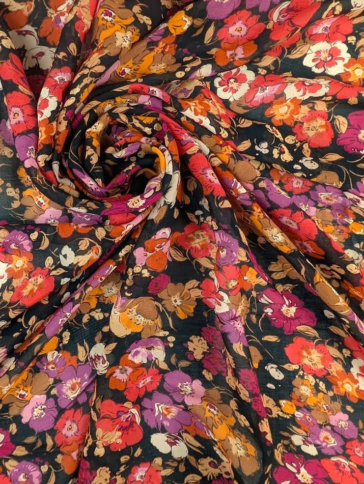 Gaze de viscose motif fleuri rétro multicolore 1