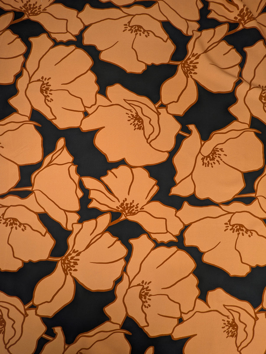 Crêpe de viscose lourd, motif fleuri rétro orange et noir 2 [blankastock:57ccebb8-6a44-4360-83e4-5d1b2884b77b]