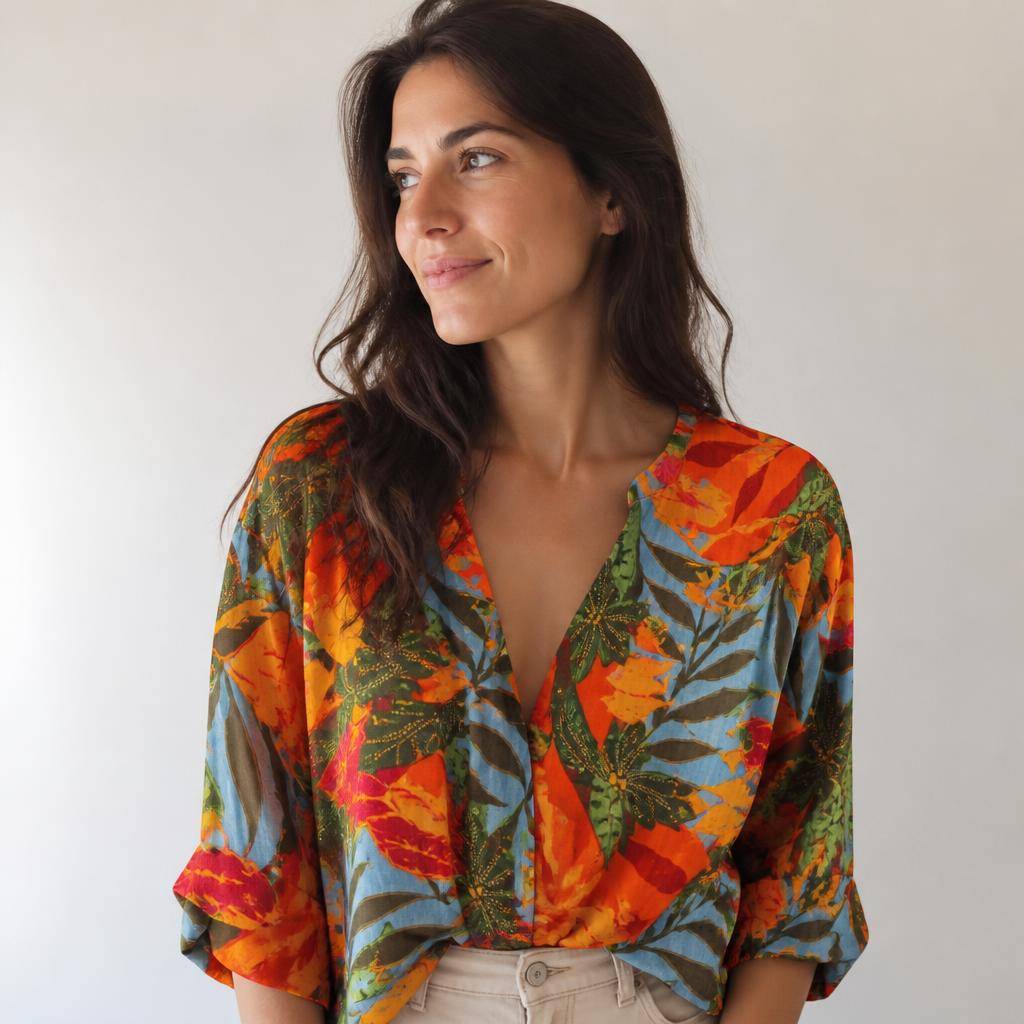 Heavy viscose crepe with multicoloured tropical print 2