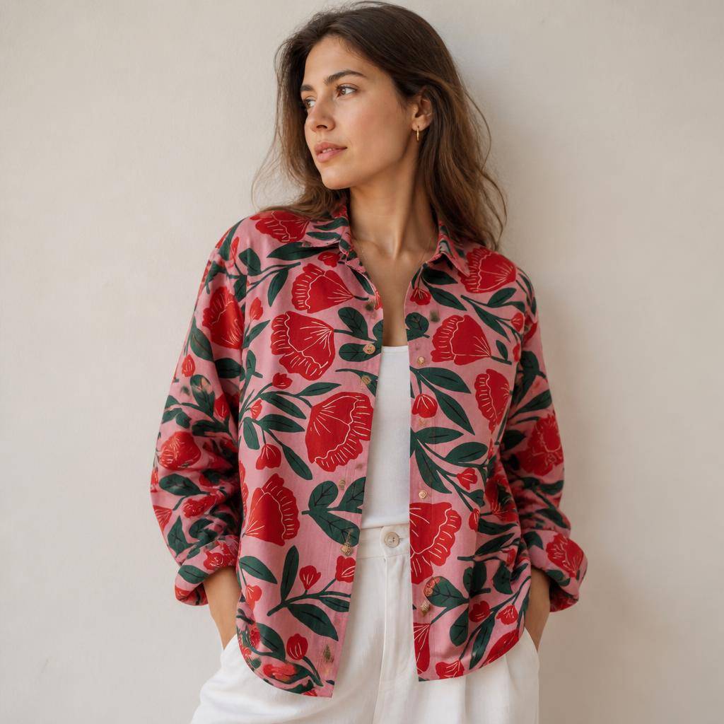 Heavy linen-look viscose with red floral print and green foliage 2