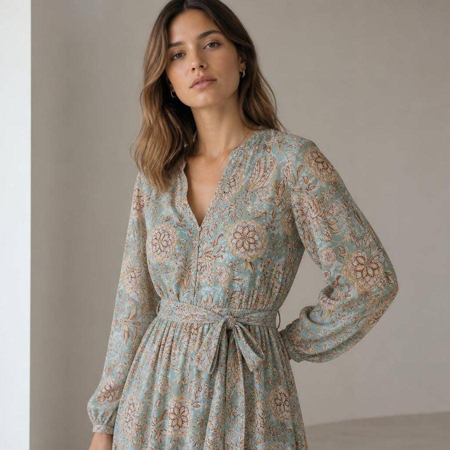 Voile de polyester, motif fleuri bohème bleu 2