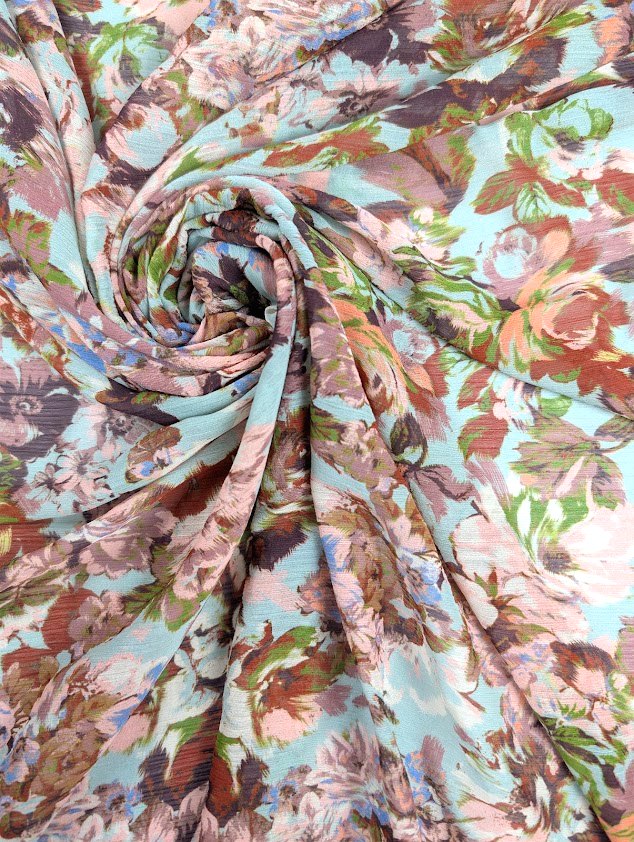 Voile polyester plissé, motif fleuri romantique 1
