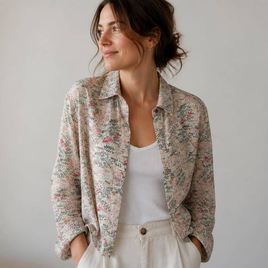Viscose effet lin motif feuillage fleuri romantique 2